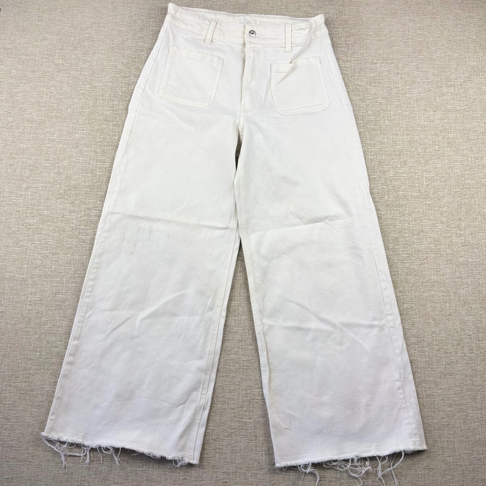 H&M Womens Size 10 White Wide Leg High Waist Raw Hem Patch Pocket Jeans